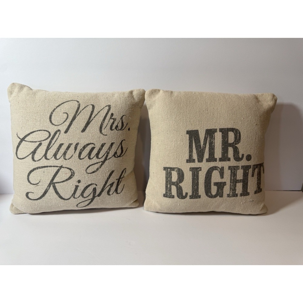 Rustic Burlap Throw Pillows 9" Mr Right Mrs Always Right Couples Novelty Decor - Picture 2 of 6